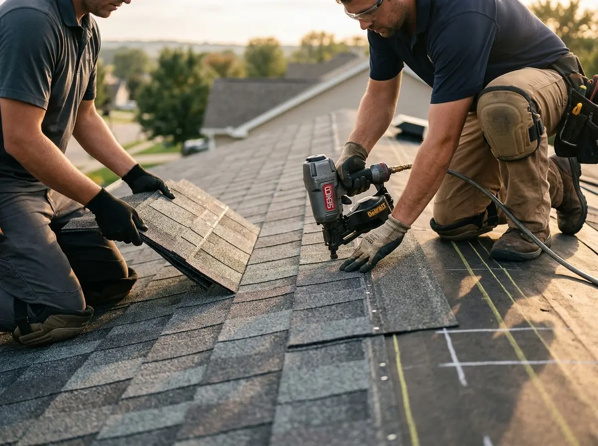 Professional roofer working on a residential roof in Flint